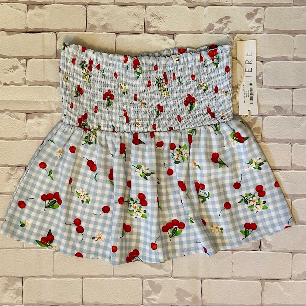 Lumiere Blue Gingham Smocked Tube Top with Red Cherry Print Woman Size M - Picture 4 of 4